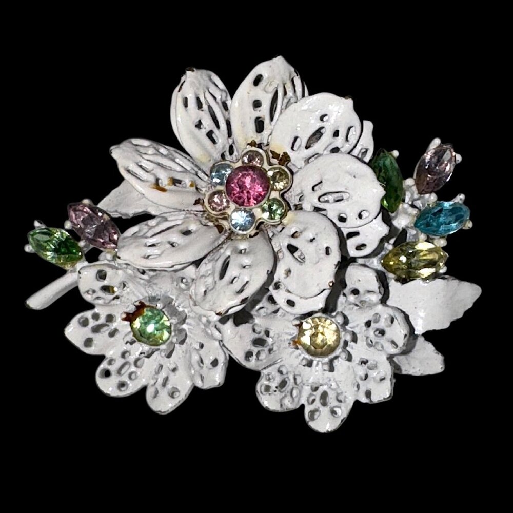 Vintage White Enamel over Metal Floral Brooch Pastel Coloured Stones